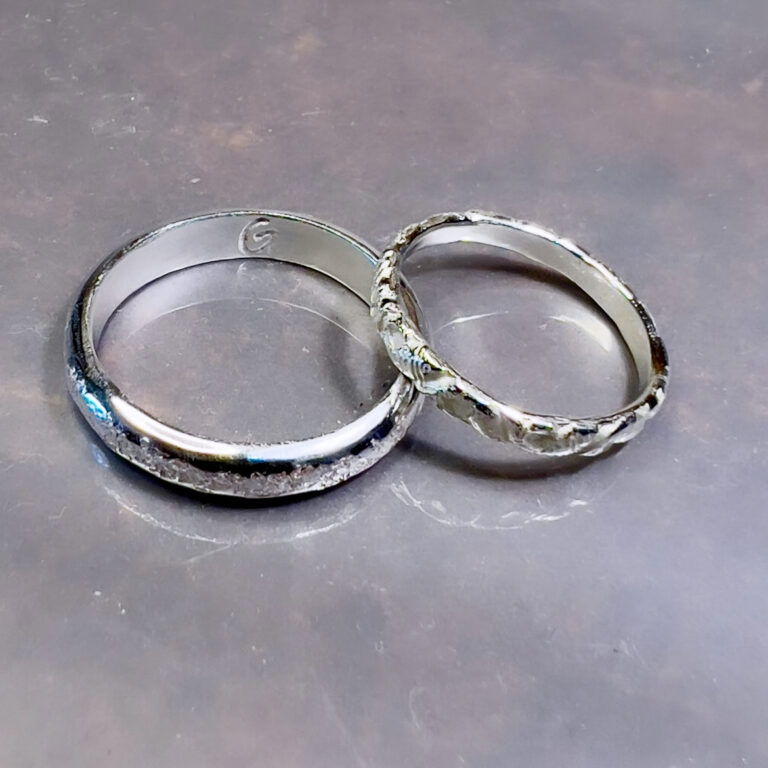 two wedding rings made by the happy couple in our workshop.